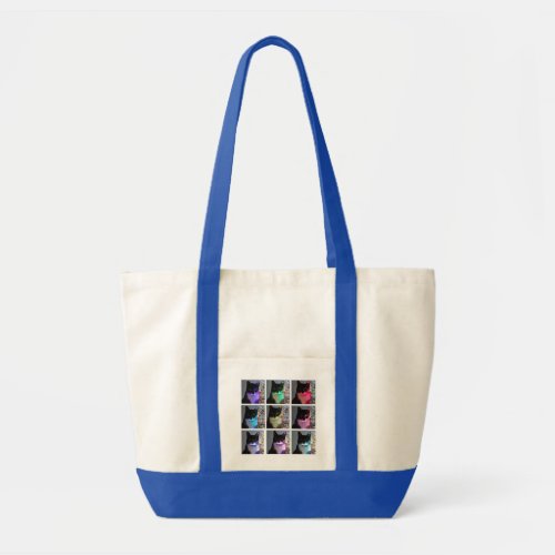 A few colors of the rainbow laser light tuxedo cat tote bag