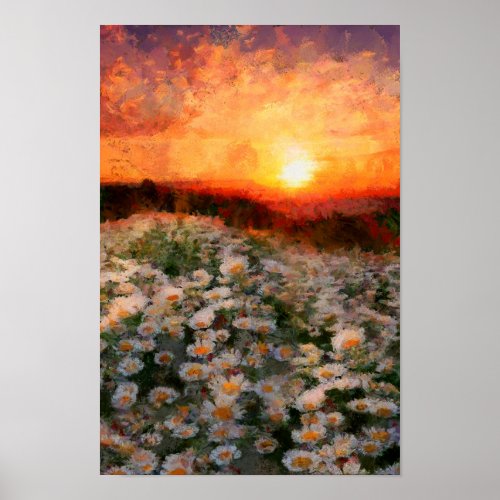A field of daisies in sunset  Painting Landscape  Poster