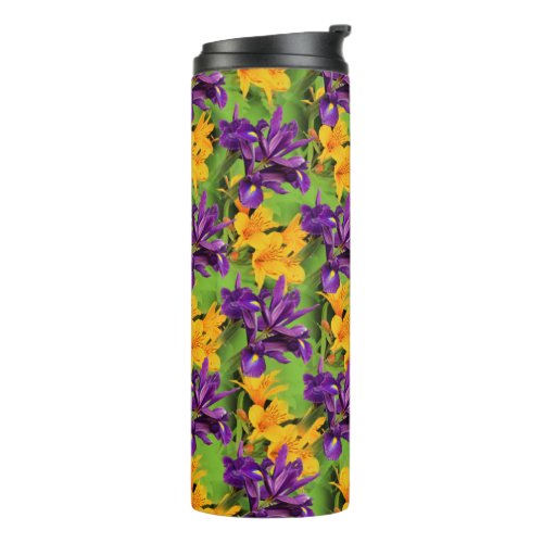 A Field of Purple and Gold Irises and Liles Thermal Tumbler