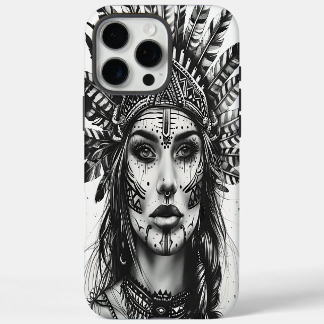 A fierce Indian girl warrior adorned with feathers Case-Mate iPhone Case (Back)