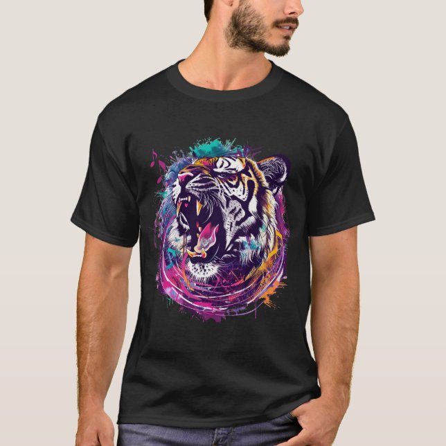A fierce tiger roaring with musical notes emanatin T-Shirt (Front)