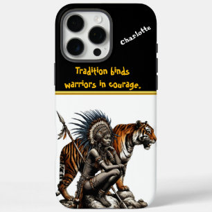 A fierce warrior stands with a majestic tiger iPhone 16 pro max case