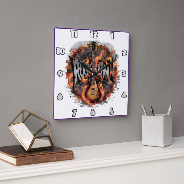 A fiery electric guitar ignites the rock spirit square wall clock (Office)