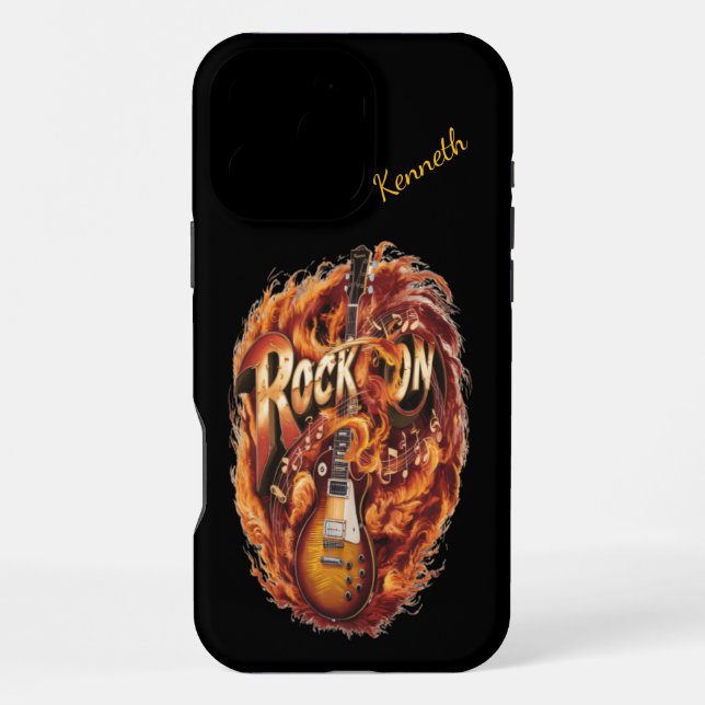 A fiery guitar surrounded by musical notes iphone case (Back)