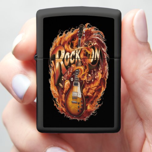 A fiery guitar surrounded by musical notes zippo lighter