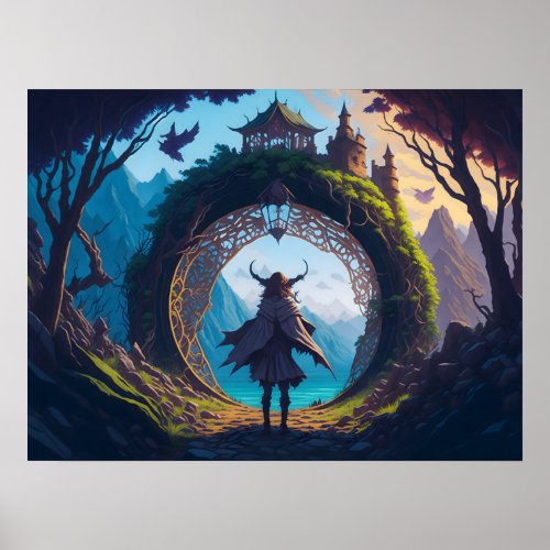 A figure standing just before a portal poster