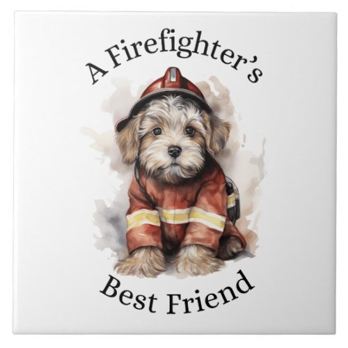 A Firefighterâs Best Friend Dog Fireman Outfit Ceramic Tile