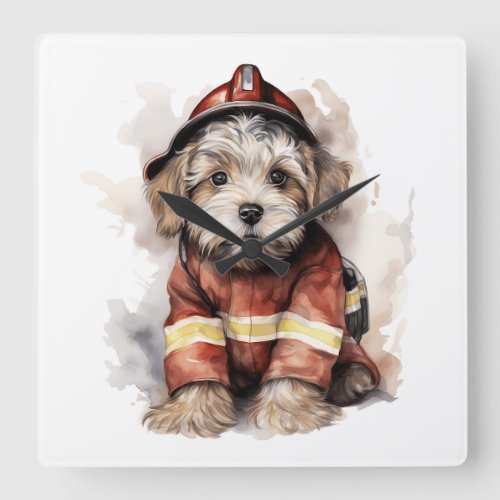 A Firefighterâs Best Friend Dog Fireman Outfit Square Wall Clock