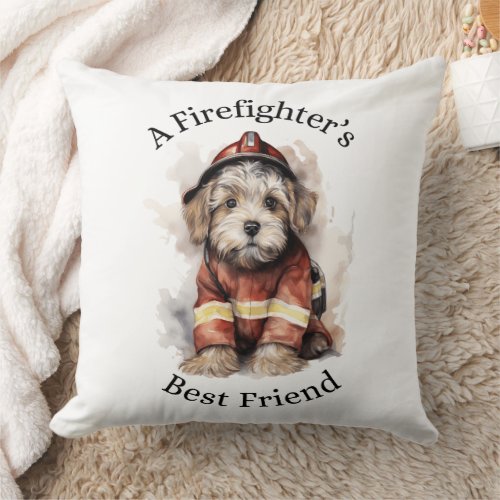 A Firefighterâs Best Friend Dog Fireman Outfit Throw Pillow