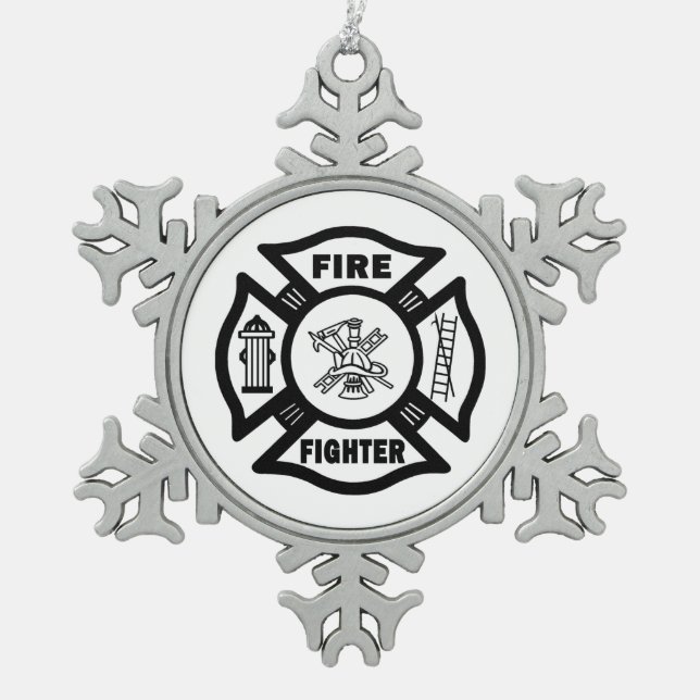 A Firefighter Snowflake Pewter Christmas Ornament (Front)
