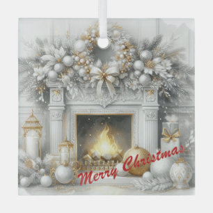 A Fireside Christmas in White and Gold Glass Ornament