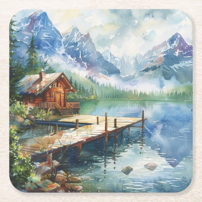 A Fishing Hose On The Lake Square Paper Coaster (Front)