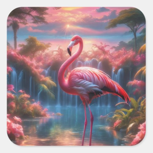 A flamingo in a mystical forest sticker square sticker