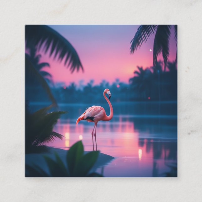 A flamingo in tropical paradise just after sunset  square business card (Front)