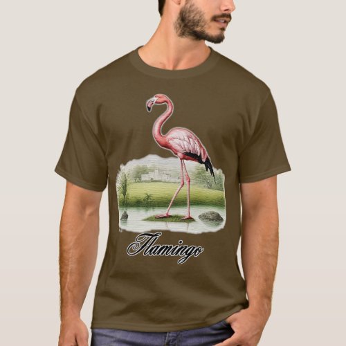 a Flamingo standing on a grass covered field T_Shirt