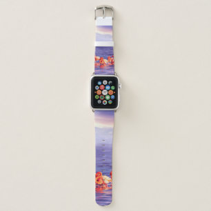 A flock of beautiful pink flamingos against a purp apple watch band