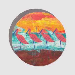 A flock of pink flamingos car magnet