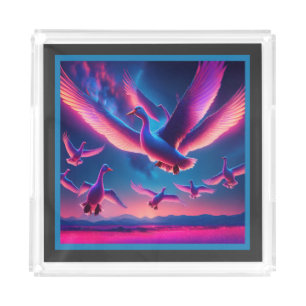 A Flock Of Pink Neon Geese Hovers In The Night Sky Acrylic Tray