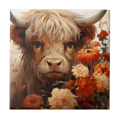 A Floral Highland Cow Series Design 1 Ceramic Tile