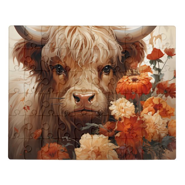 A Floral Highland Cow Series Design 1 Jigsaw Puzzle (Puzzle Horizontal)