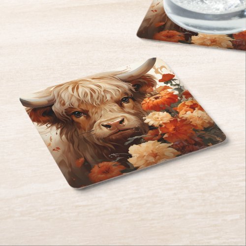 A Floral Highland Cow Series Design 1 Square Paper Coaster