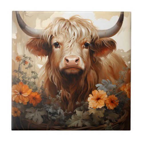 A Floral Highland Cow Series Design 2 Ceramic Tile