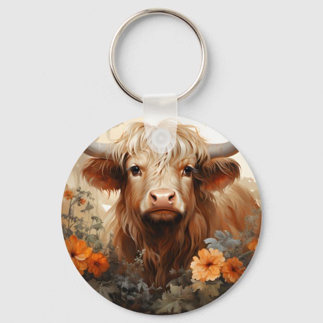 A Floral Highland Cow Series Design 2 Keychain (Front)