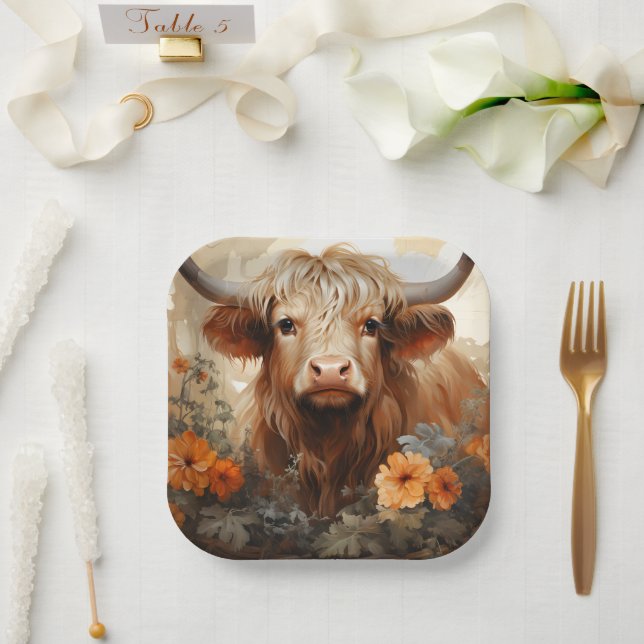 A Floral Highland Cow Series Design 2 Paper Plates (Wedding)