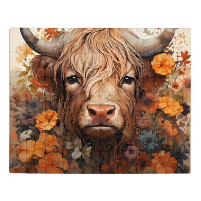A Floral Highland Cow Series Design 3 Jigsaw Puzzle (Puzzle Horizontal)