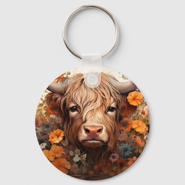 A Floral Highland Cow Series Design 3 Keychain (Front)