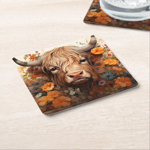 A Floral Highland Cow Series Design 3 Square Paper Coaster