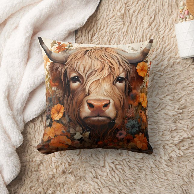 A Floral Highland Cow Series Design 3 Throw Pillow (Blanket)