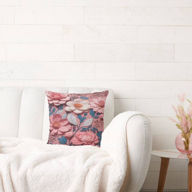A floral pattern with a pink background throw pillow (Couch)