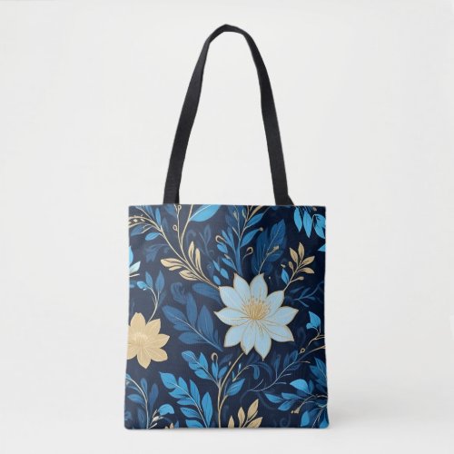 A floral pattern with large white flowers leaves tote bag