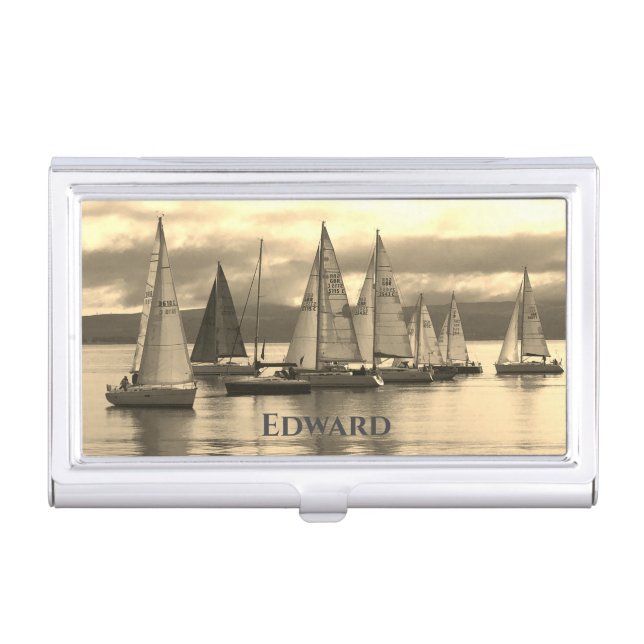 A flotilla of boats at sea. business card case (Front)