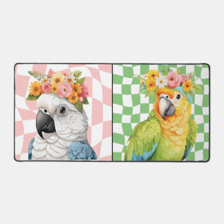 a flower crown parrot with a checkered background desk mat