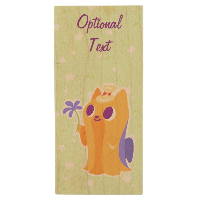 "A Flower For You" Long-haired Kawaii Yorkie Wood USB Flash Drive (Front Vertical)