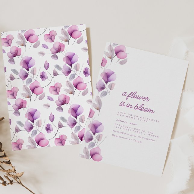A Flower Is In Bloom Purple Baby Shower Invitation (Creator Uploaded)