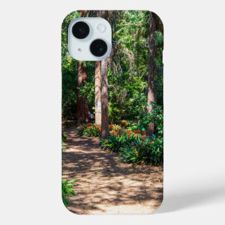 a footpath in the garden with orange flowers iPhone 15 case