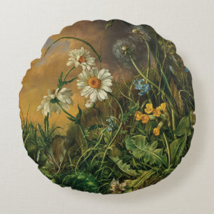 A Forest Floor with Daisies, Primroses, ... Round Pillow