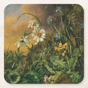 A Forest Floor with Daisies, Primroses, ... Square Paper Coaster
