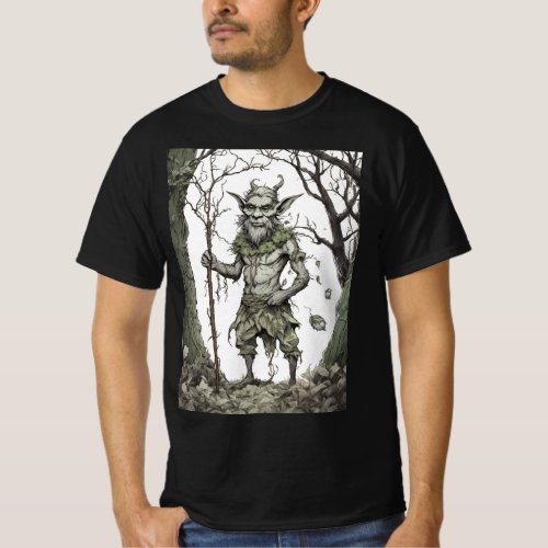A forest goblin standing in a tunic of tree branch T_Shirt