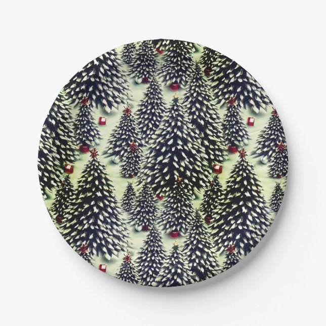 A Forest of Snow Covered Christmas Trees  Paper Plates (Front)