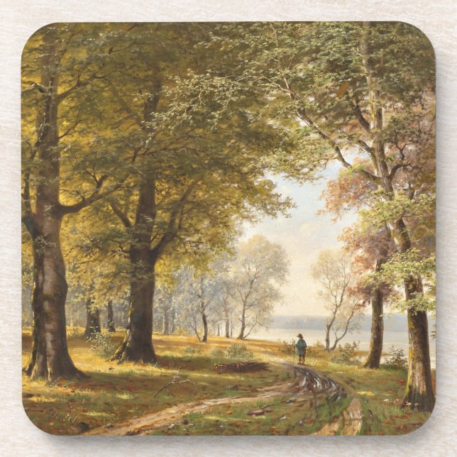 A Forest Path with Hiker in Autumn Beverage Coaster (Front)