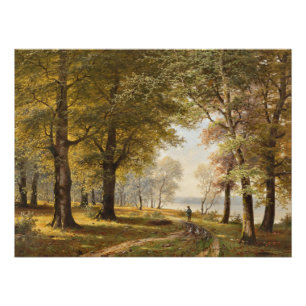 A Forest Path with Hiker in Autumn Poster