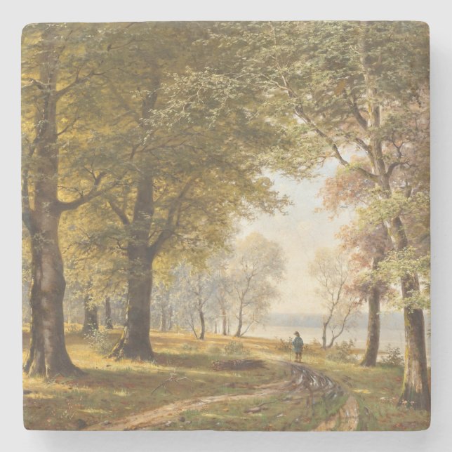 A Forest Path with Hiker in Autumn Stone Coaster (Front)