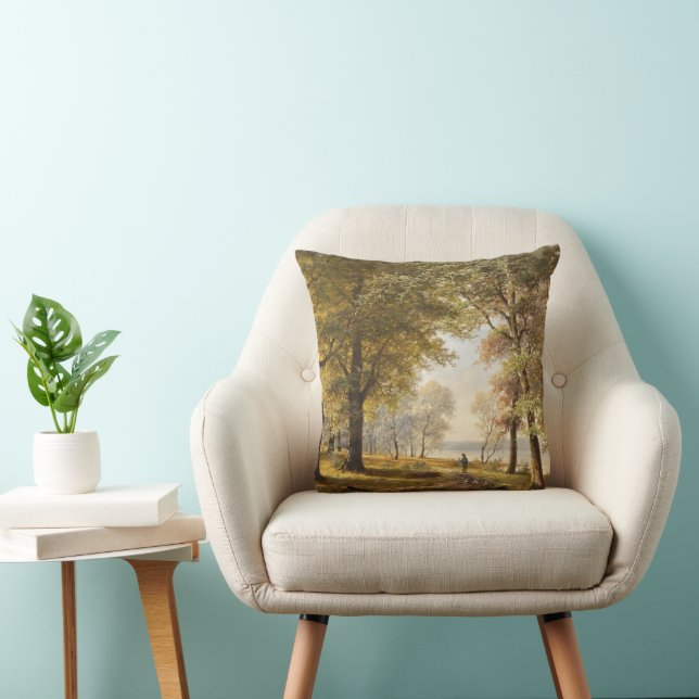 A Forest Path with Hiker in Autumn Throw Pillow (Chair)