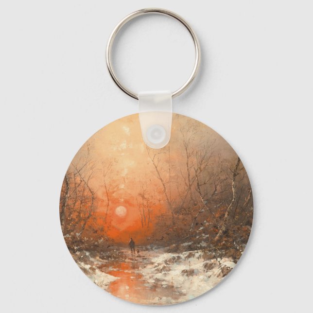 A Forest Path with Hunter at Sunset  Keychain (Front)