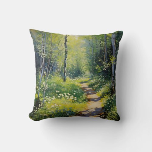 A Forest Wildflowers Pathway _ Impressionism Art Throw Pillow