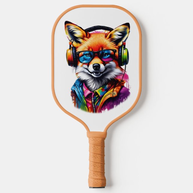 A fox in headphones and glasses carbon fiber pickleball paddle  (Front)